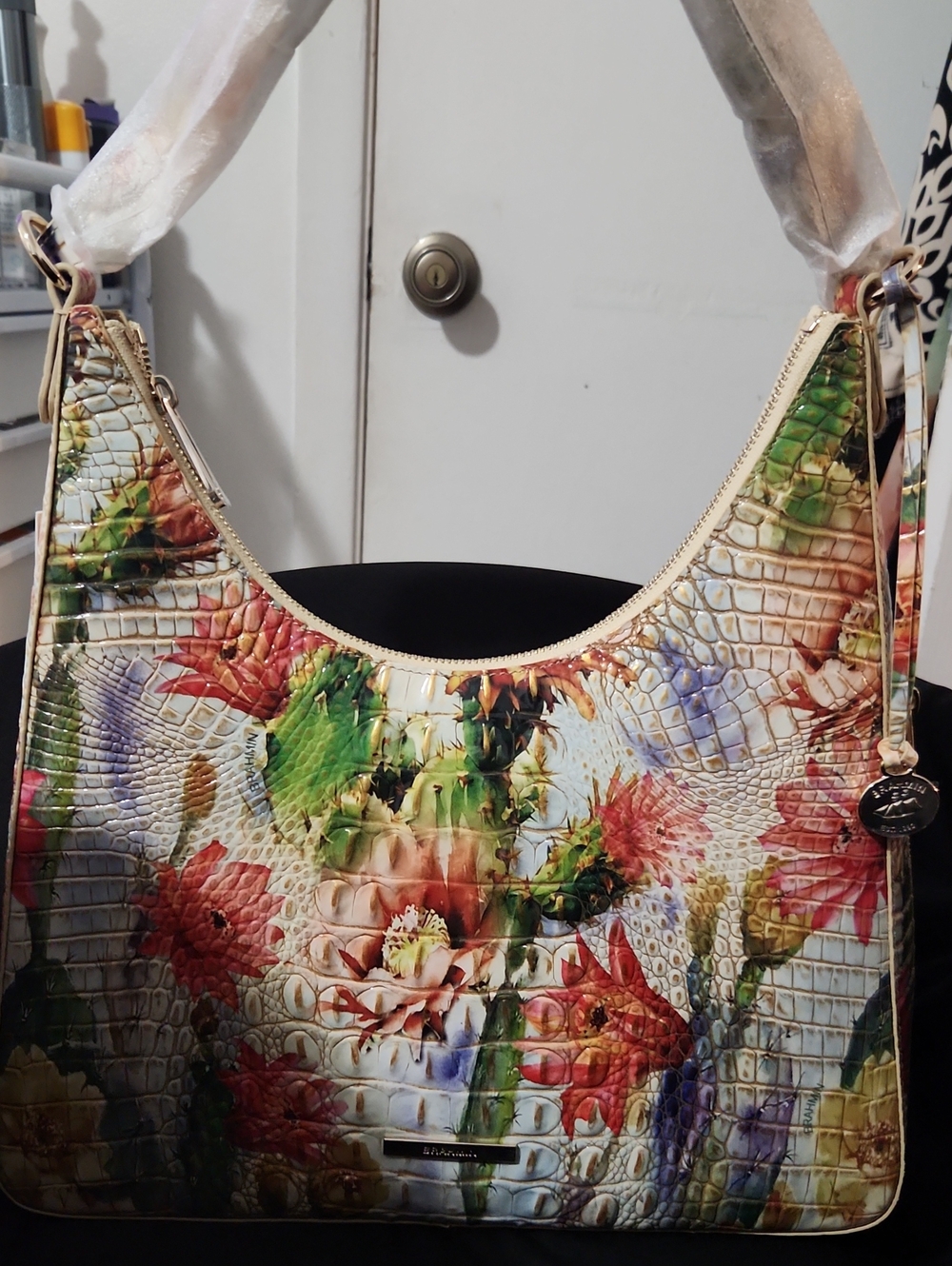 BRAHMIN Floral Embossed Croc-Texture Shoulder Bag in Multi-Color